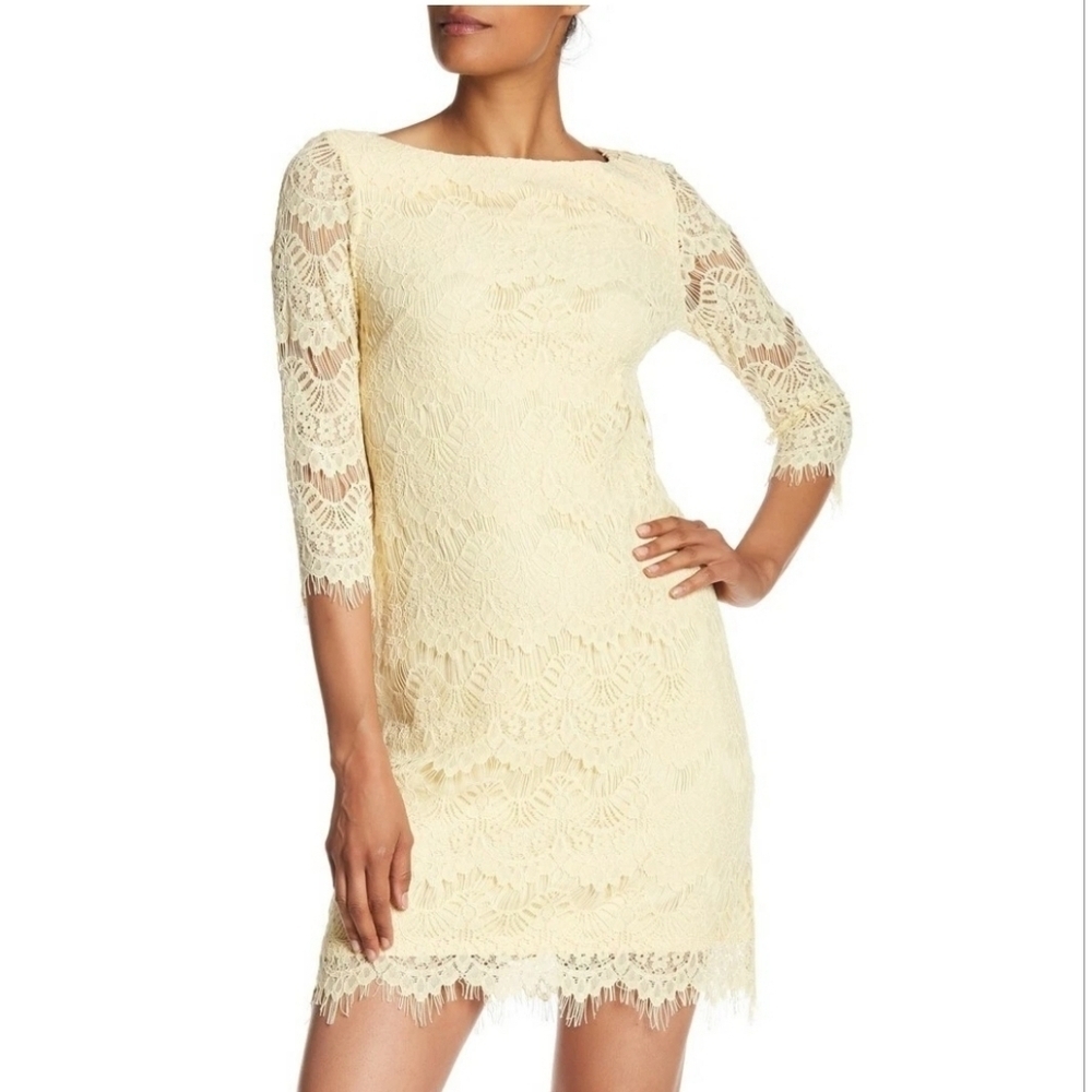 Eliza J Women's Illusion Lace Shift Dress 3/4 Sleeve Butter Yellow Round Neck 4
